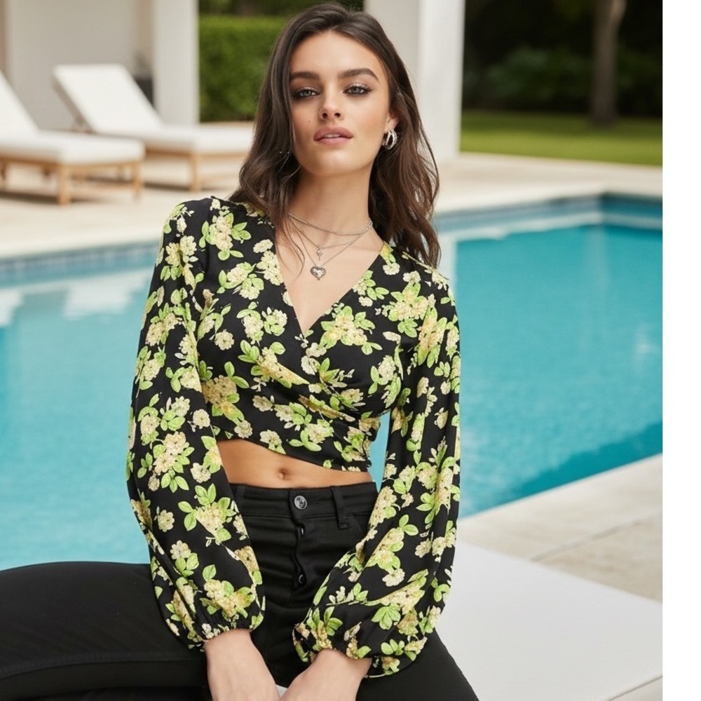 MNG Mango Floral Crop Top Black Lime Green Balloon Sleeve Cottagecore Fairy Boho